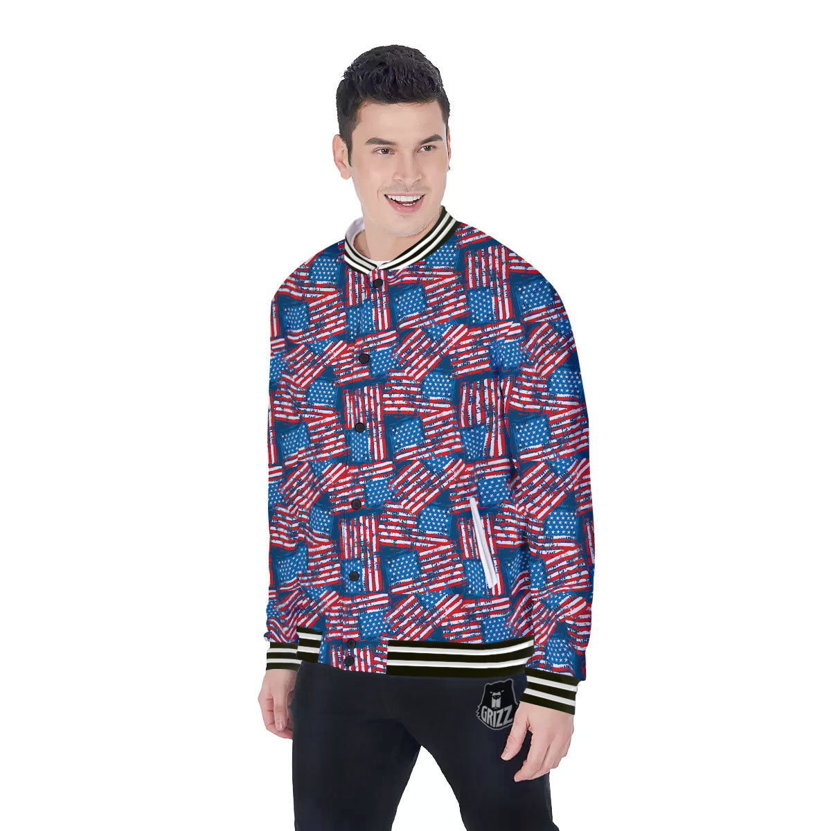 American Flag Grunge Print Pattern Baseball Jacket-grizzshop