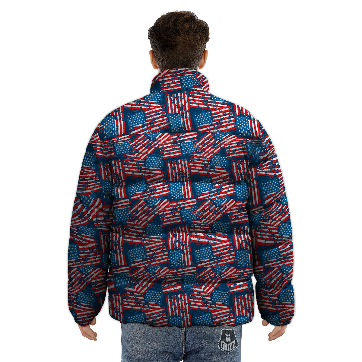 American Flag Grunge Print Pattern Puffer Jacket-grizzshop