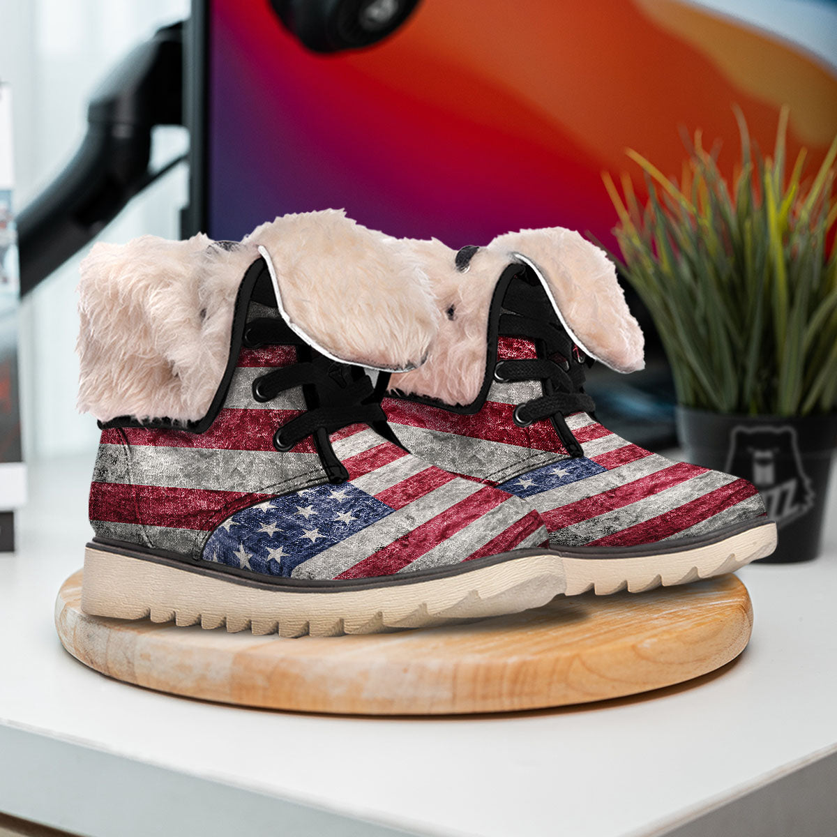 American Flag Grunge Print Snow Boots-grizzshop