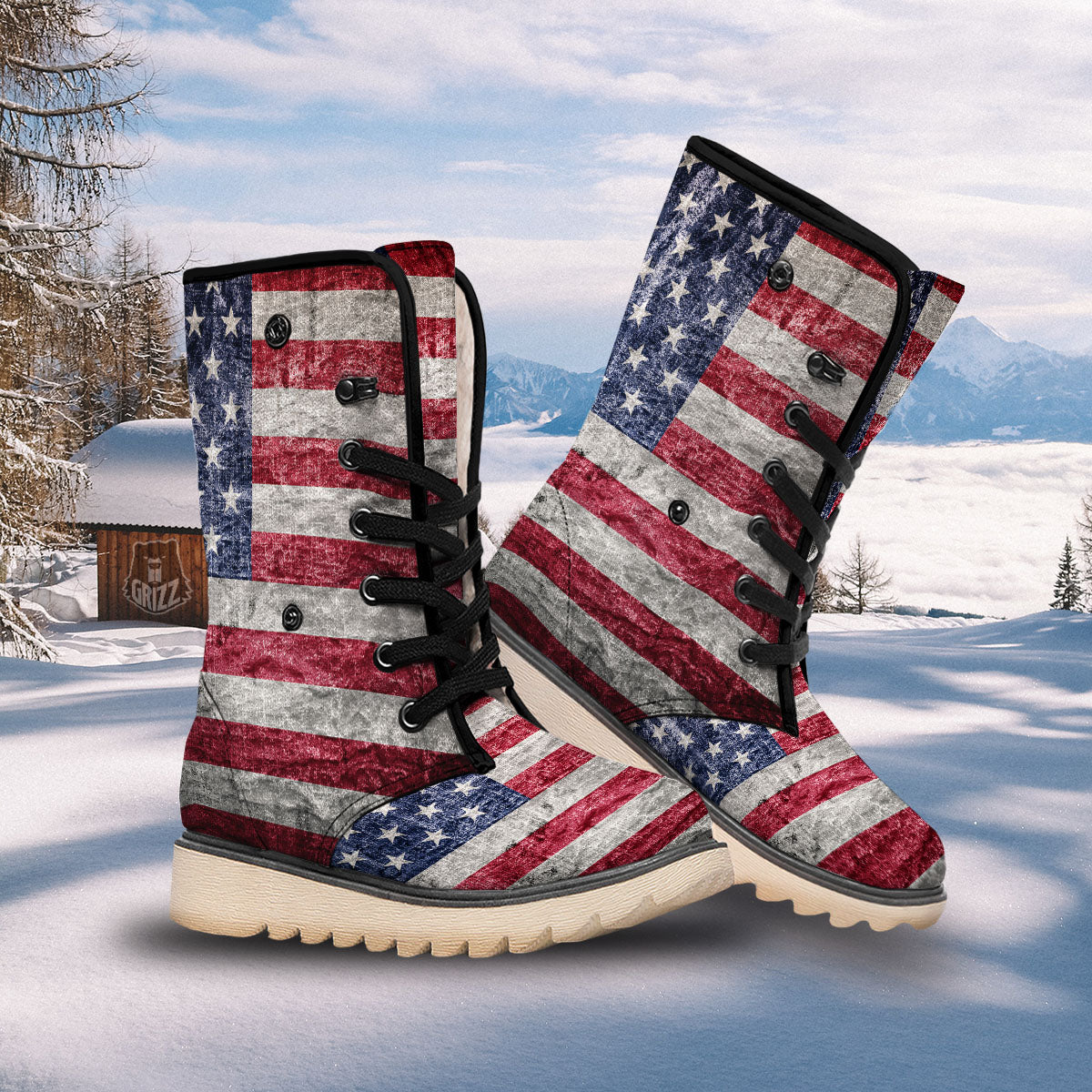 American Flag Grunge Print Snow Boots-grizzshop