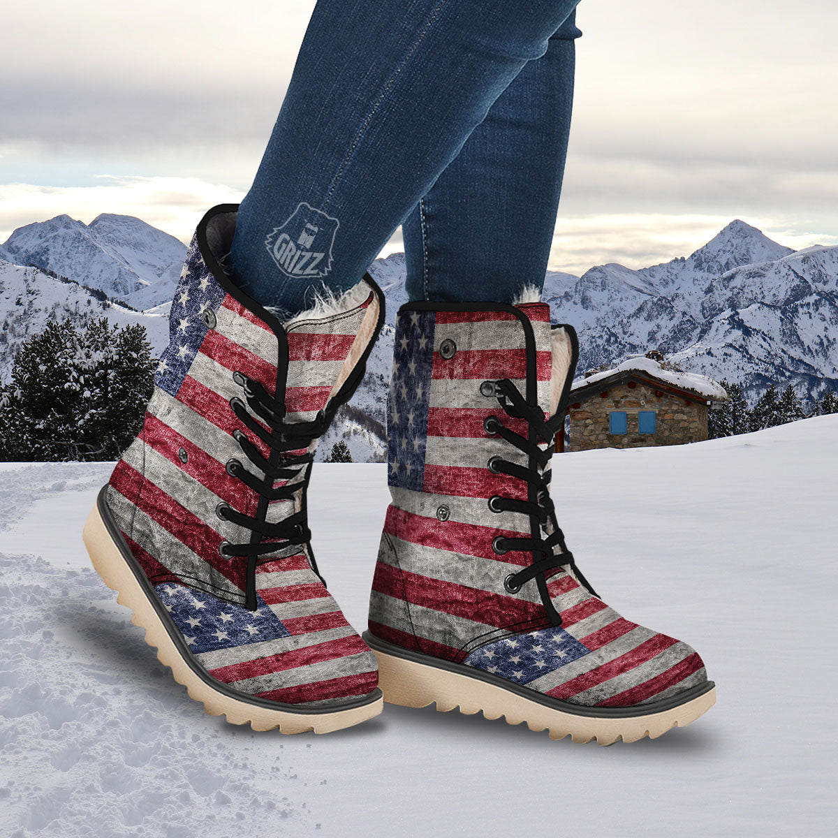 American Flag Grunge Print Snow Boots-grizzshop