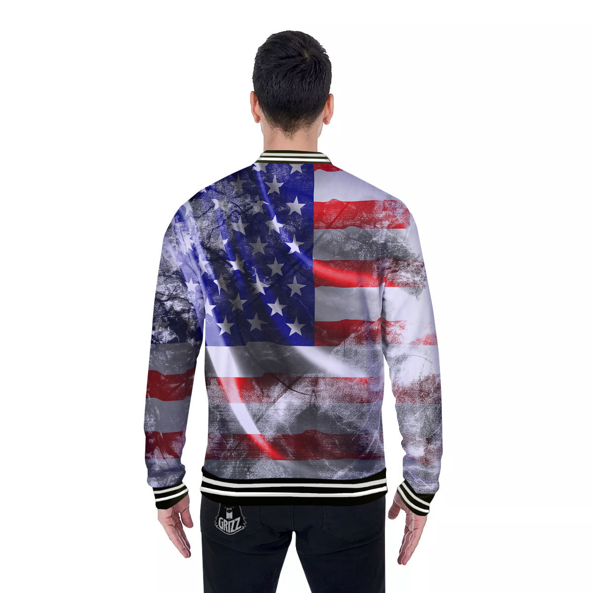 American Flag Grunge Ripped Paper Print Baseball Jacket-grizzshop