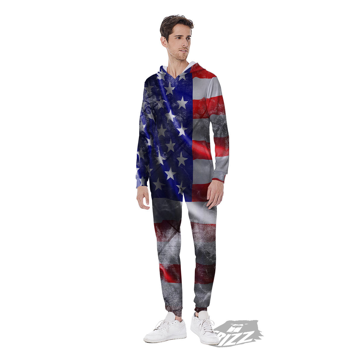 American Flag Grunge Ripped Paper Print Men's Jumpsuit-grizzshop