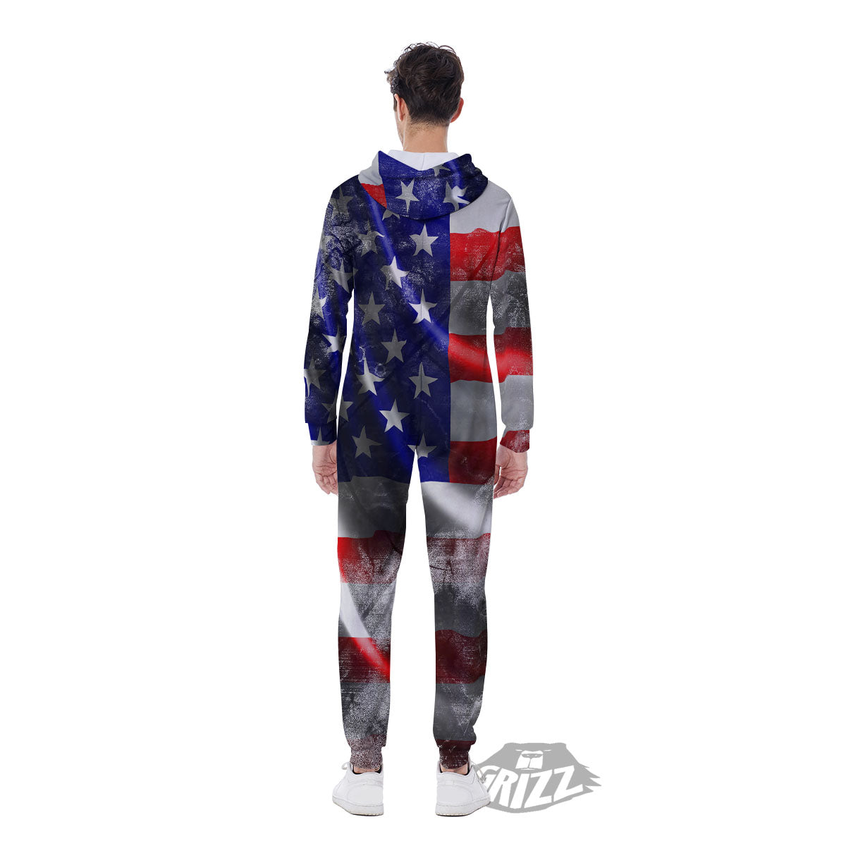 American Flag Grunge Ripped Paper Print Men's Jumpsuit-grizzshop