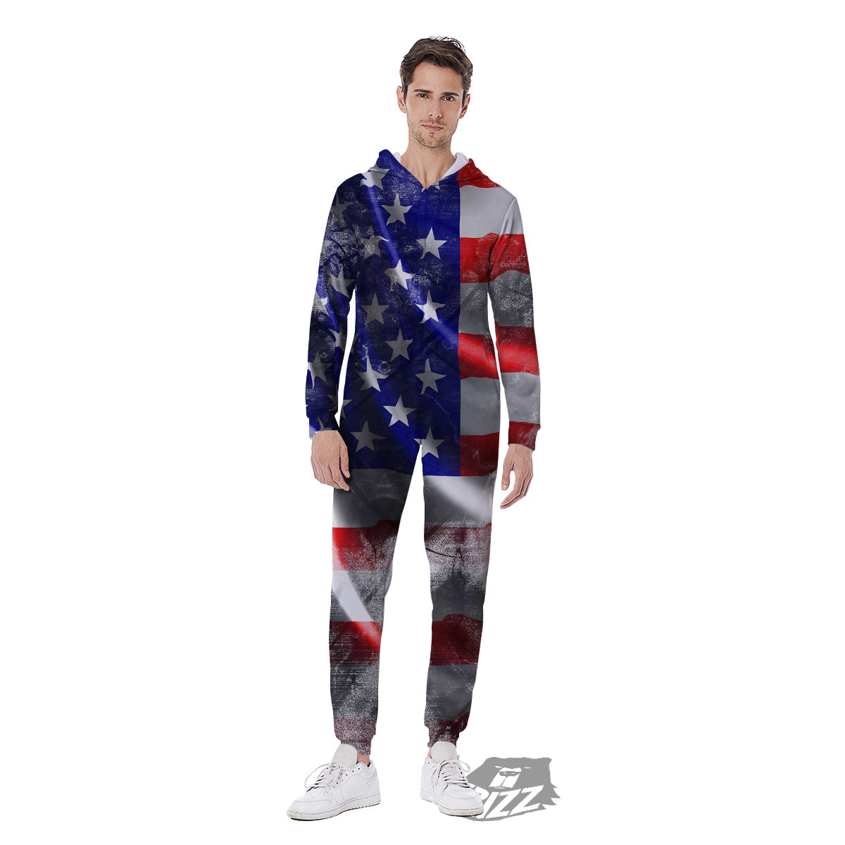American Flag Grunge Ripped Paper Print Men's Jumpsuit-grizzshop