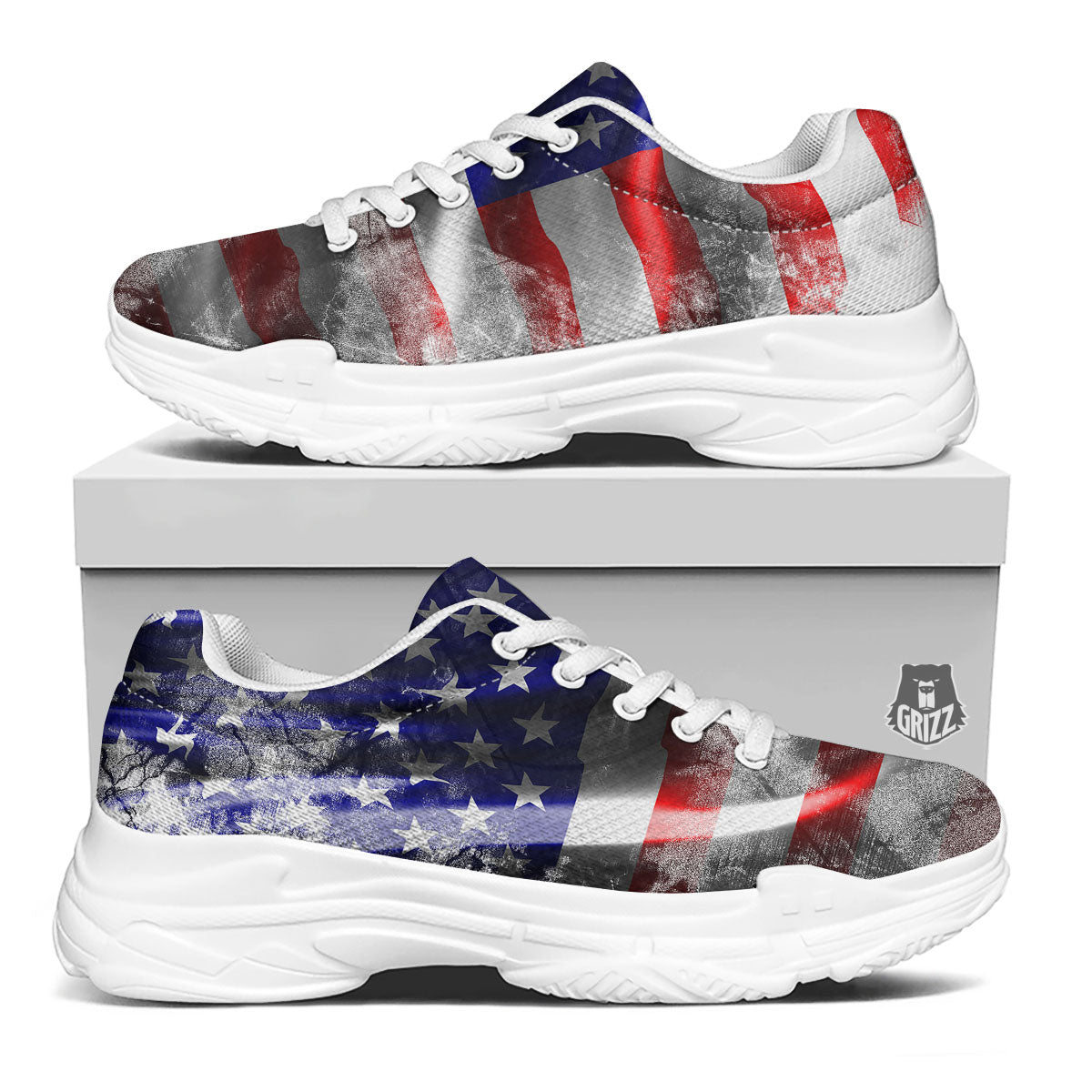American Flag Grunge Ripped Paper Print White Chunky Shoes-grizzshop