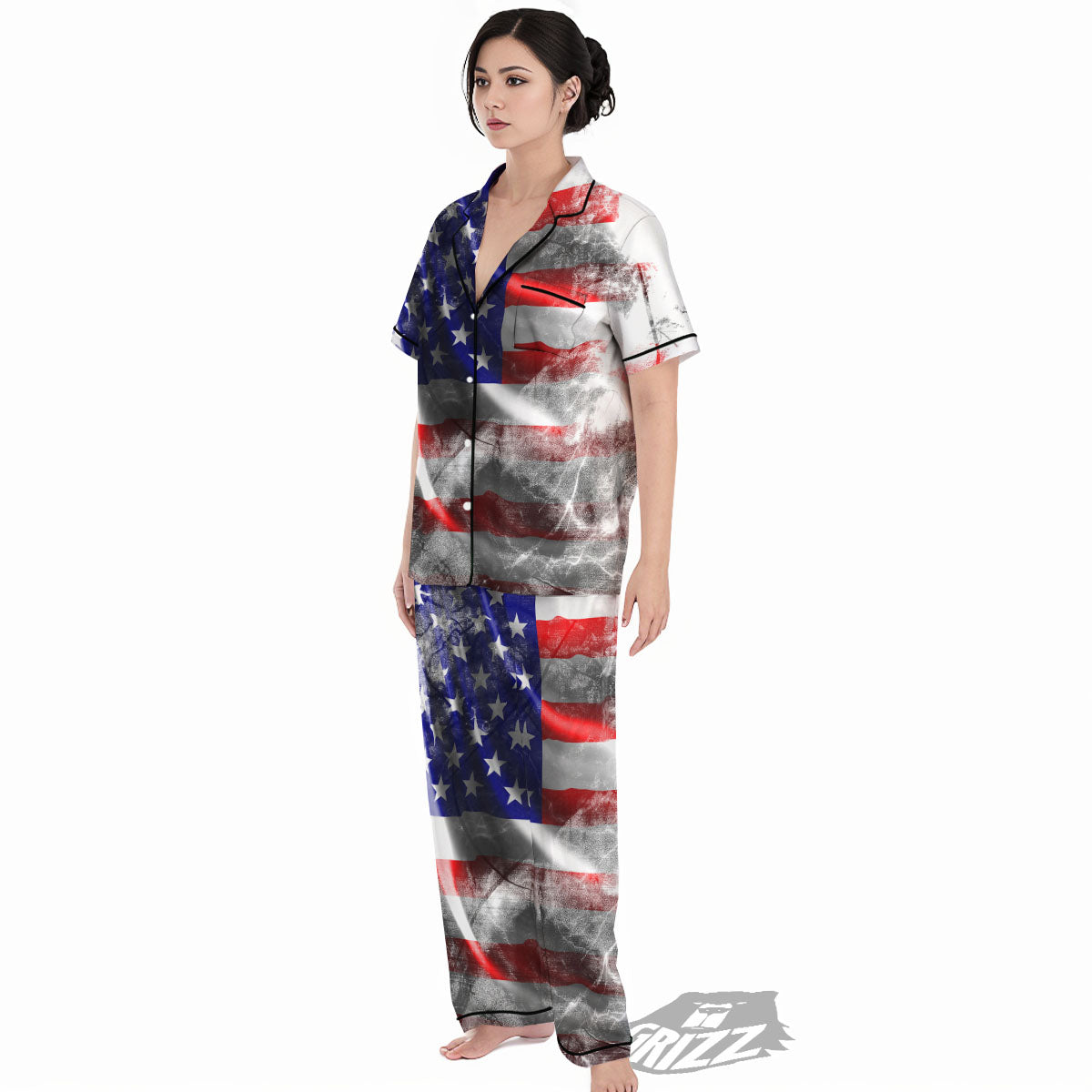 American Flag Grunge Ripped Paper Print Women's Pajamas Set-grizzshop