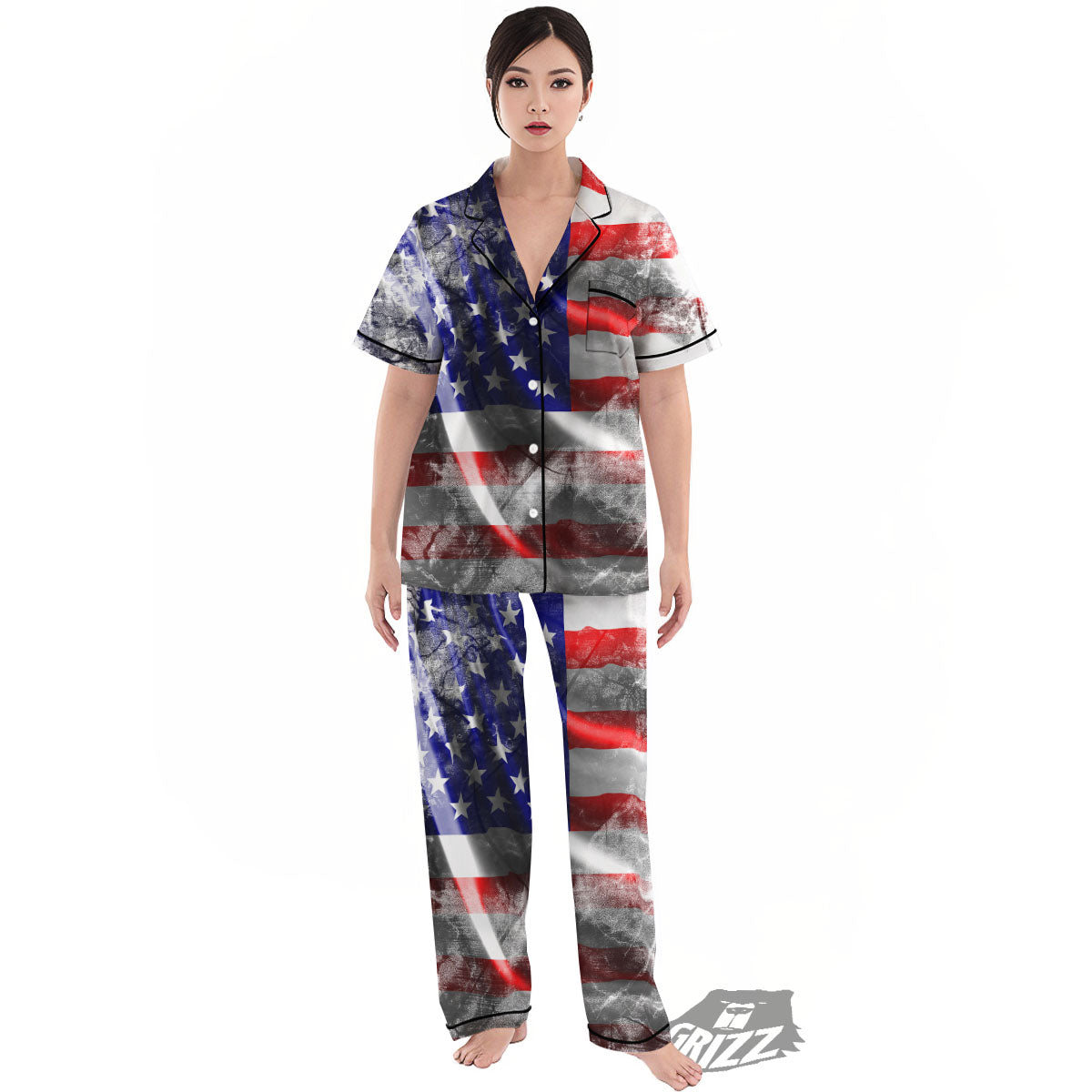 American Flag Grunge Ripped Paper Print Women's Pajamas Set-grizzshop