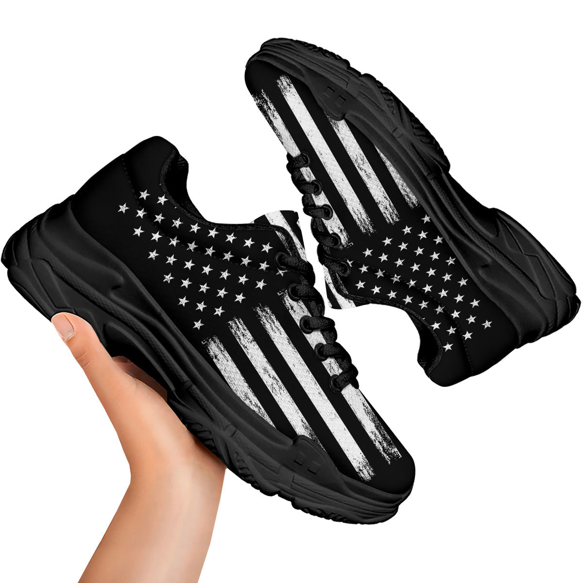 American Flag Grunge White And Black Print Black Chunky Shoes-grizzshop
