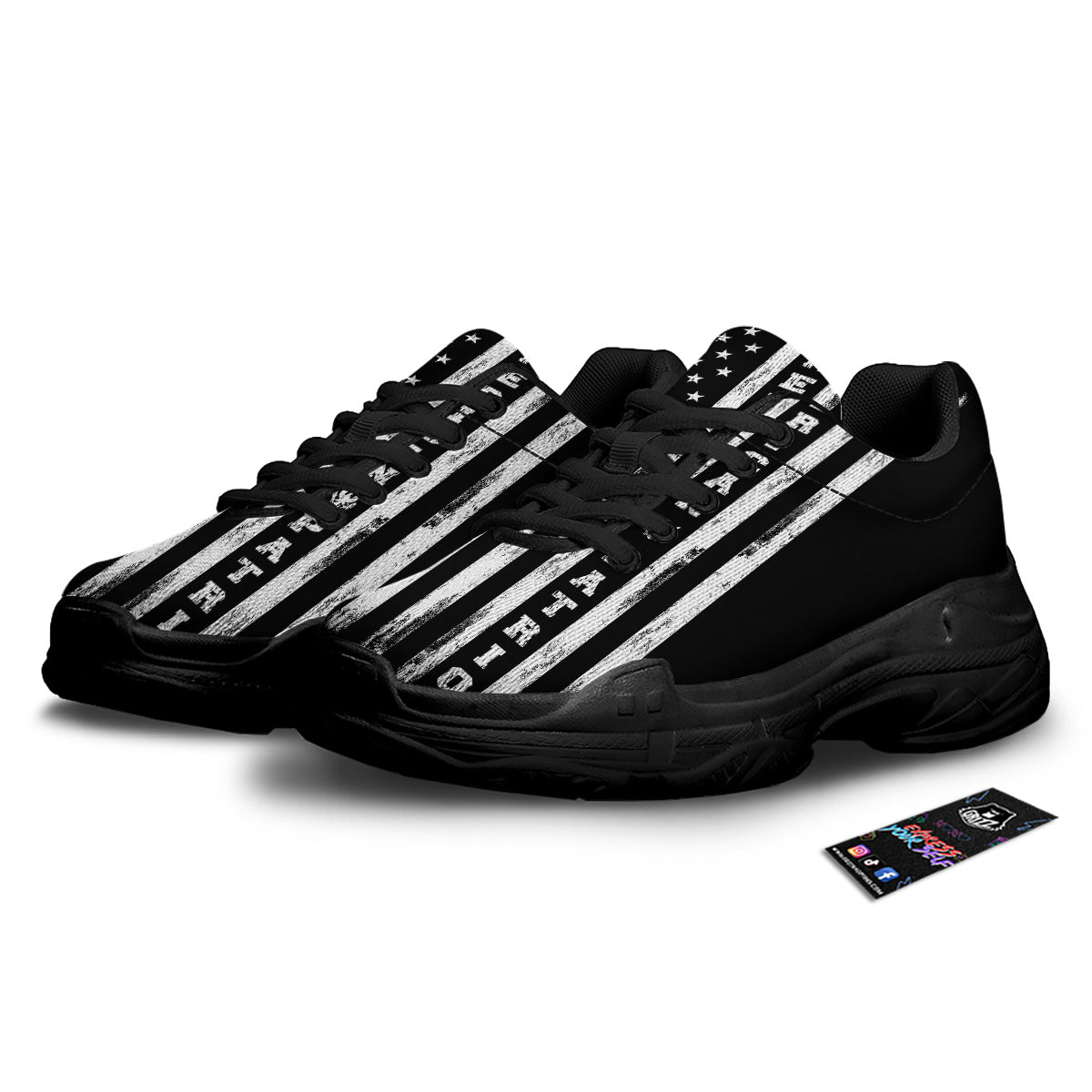 American Flag Grunge White And Black Print Black Chunky Shoes-grizzshop