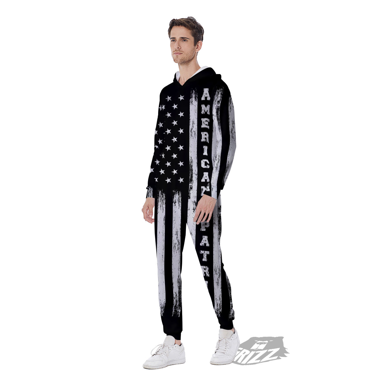 American Flag Grunge White And Black Print Men's Jumpsuit-grizzshop