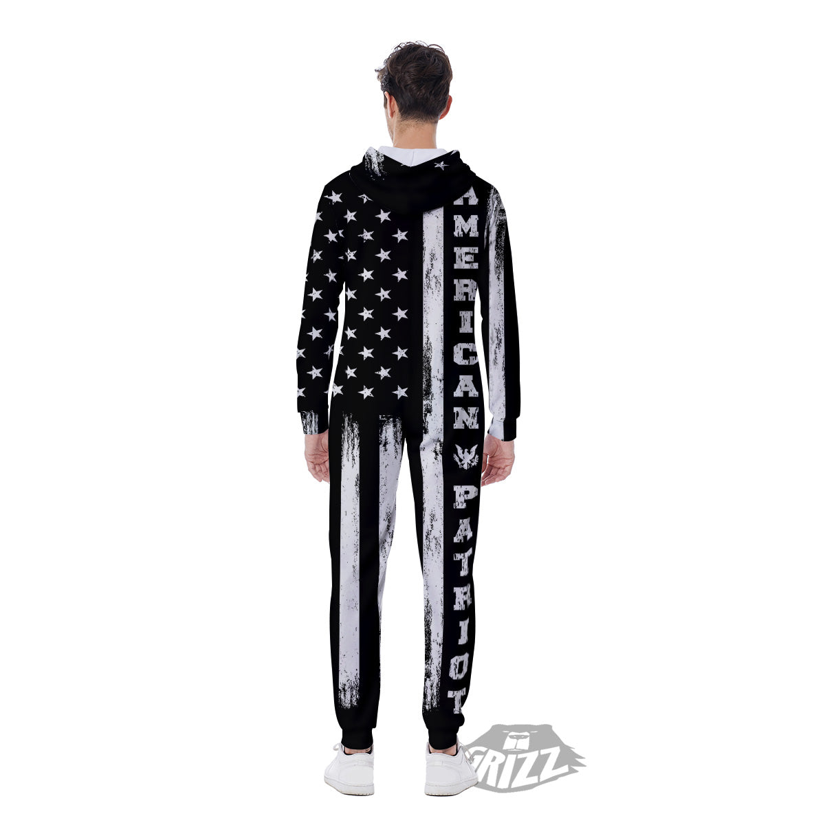 American Flag Grunge White And Black Print Men's Jumpsuit-grizzshop