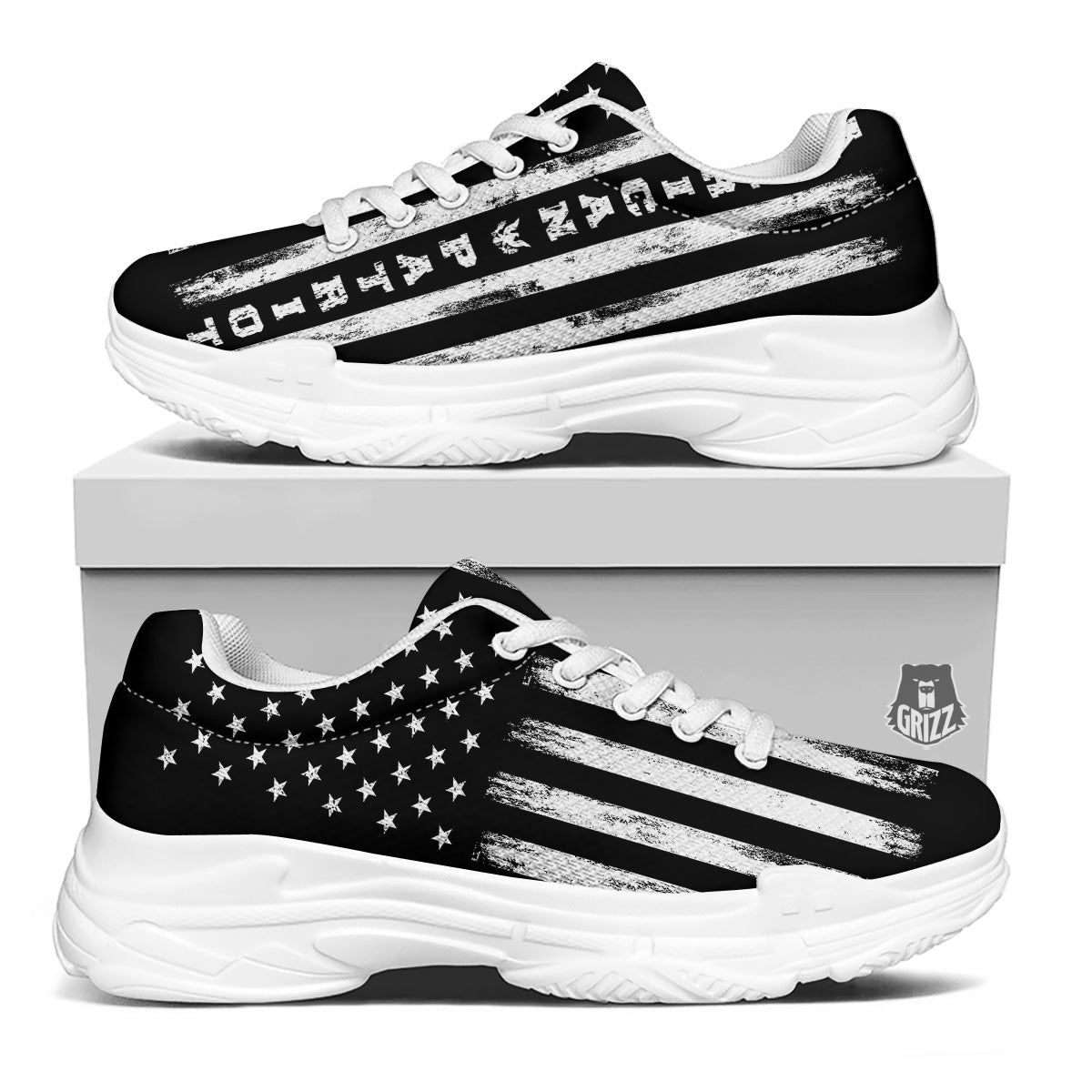 American Flag Grunge White And Black Print White Chunky Shoes-grizzshop