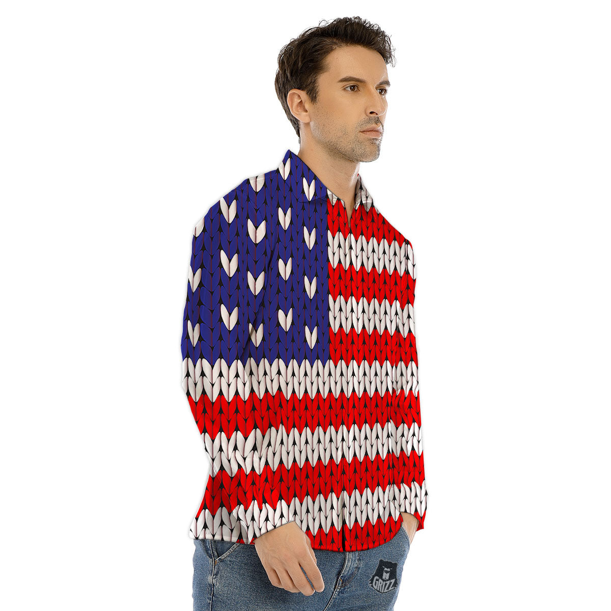 American Flag Knitted Print Men's Dress Shirts-grizzshop
