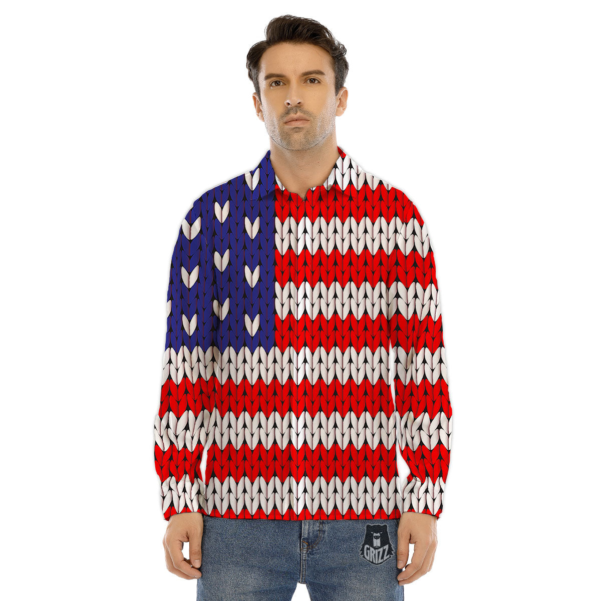 American Flag Knitted Print Men's Dress Shirts-grizzshop