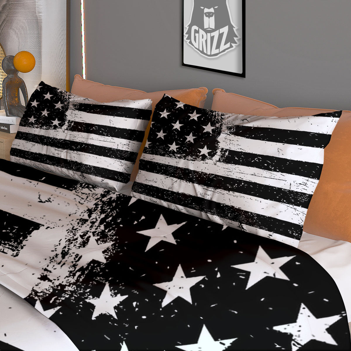 American Flag Monochrome Grunge Print Duvet Cover Bedding Set