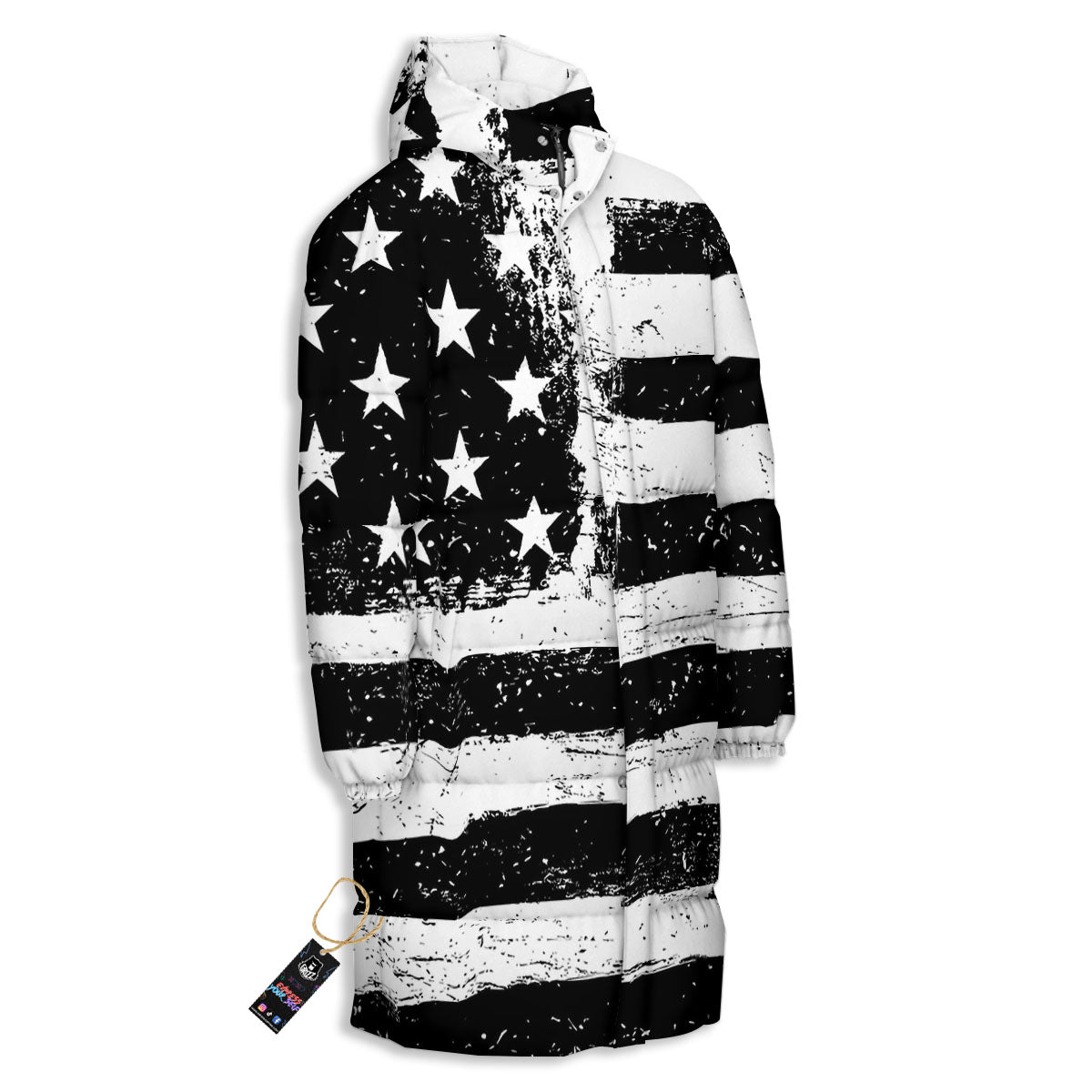 American Flag Monochrome Grunge Print Long Down Jacket-grizzshop