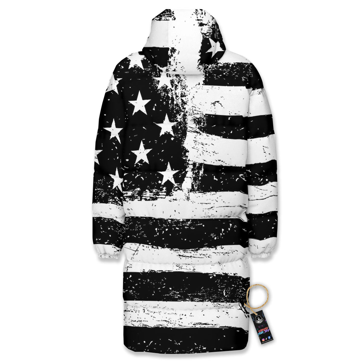 American Flag Monochrome Grunge Print Long Down Jacket-grizzshop