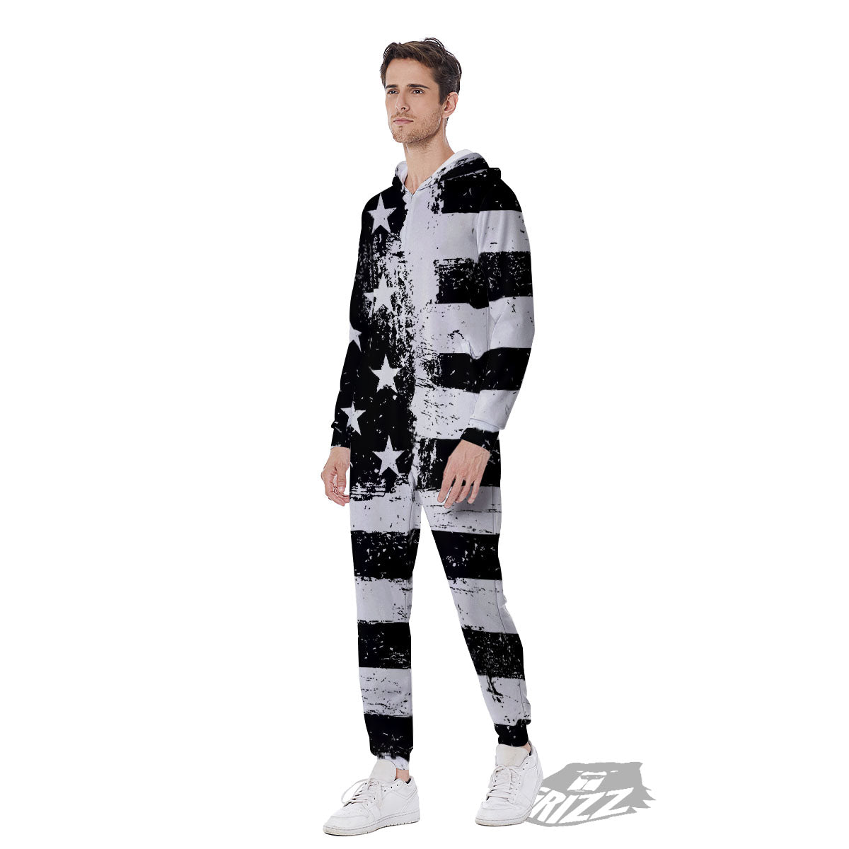 American Flag Monochrome Grunge Print Men's Jumpsuit-grizzshop