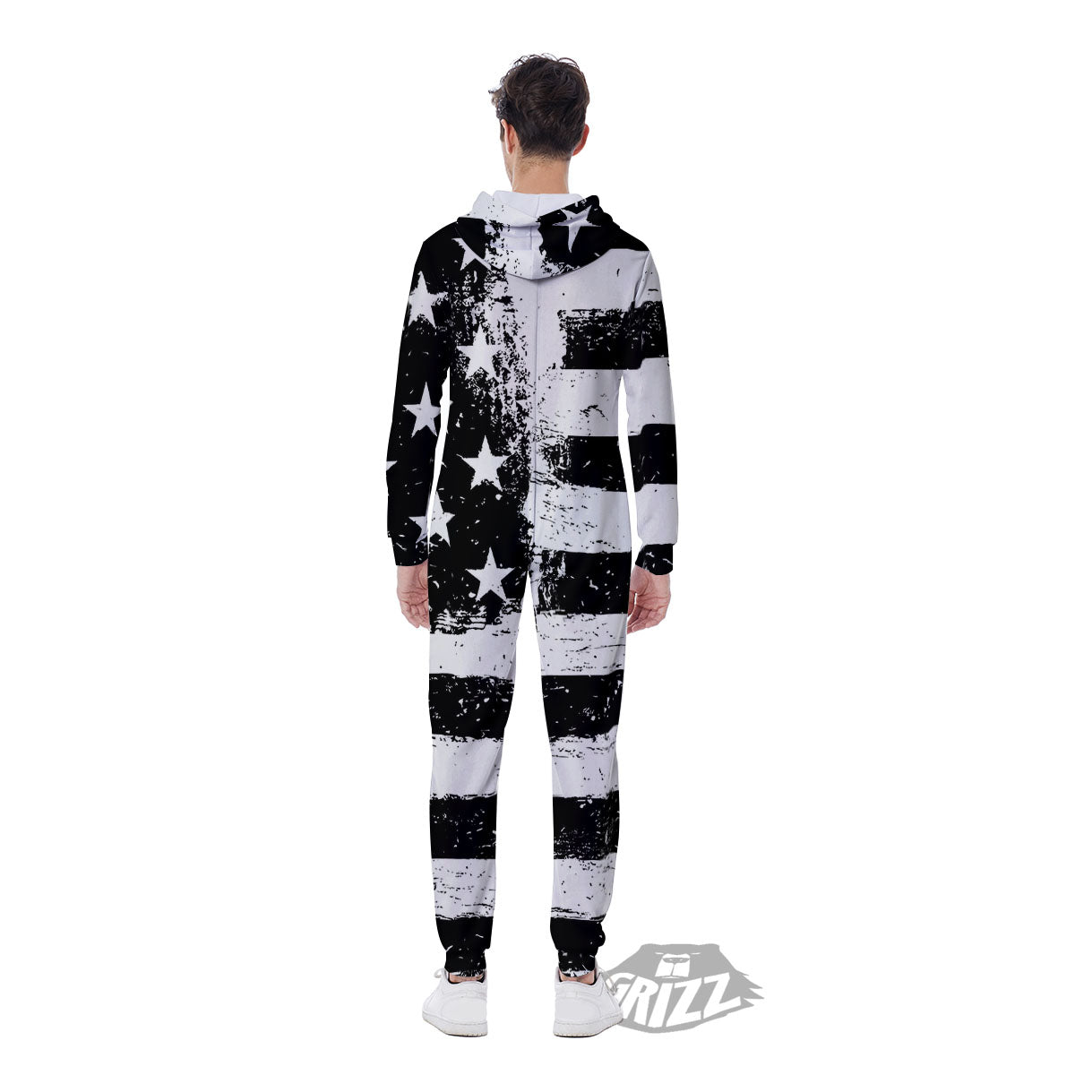 American Flag Monochrome Grunge Print Men's Jumpsuit-grizzshop