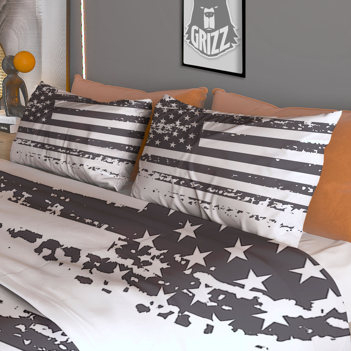 American Flag White And Black Print Duvet Cover Bedding Set