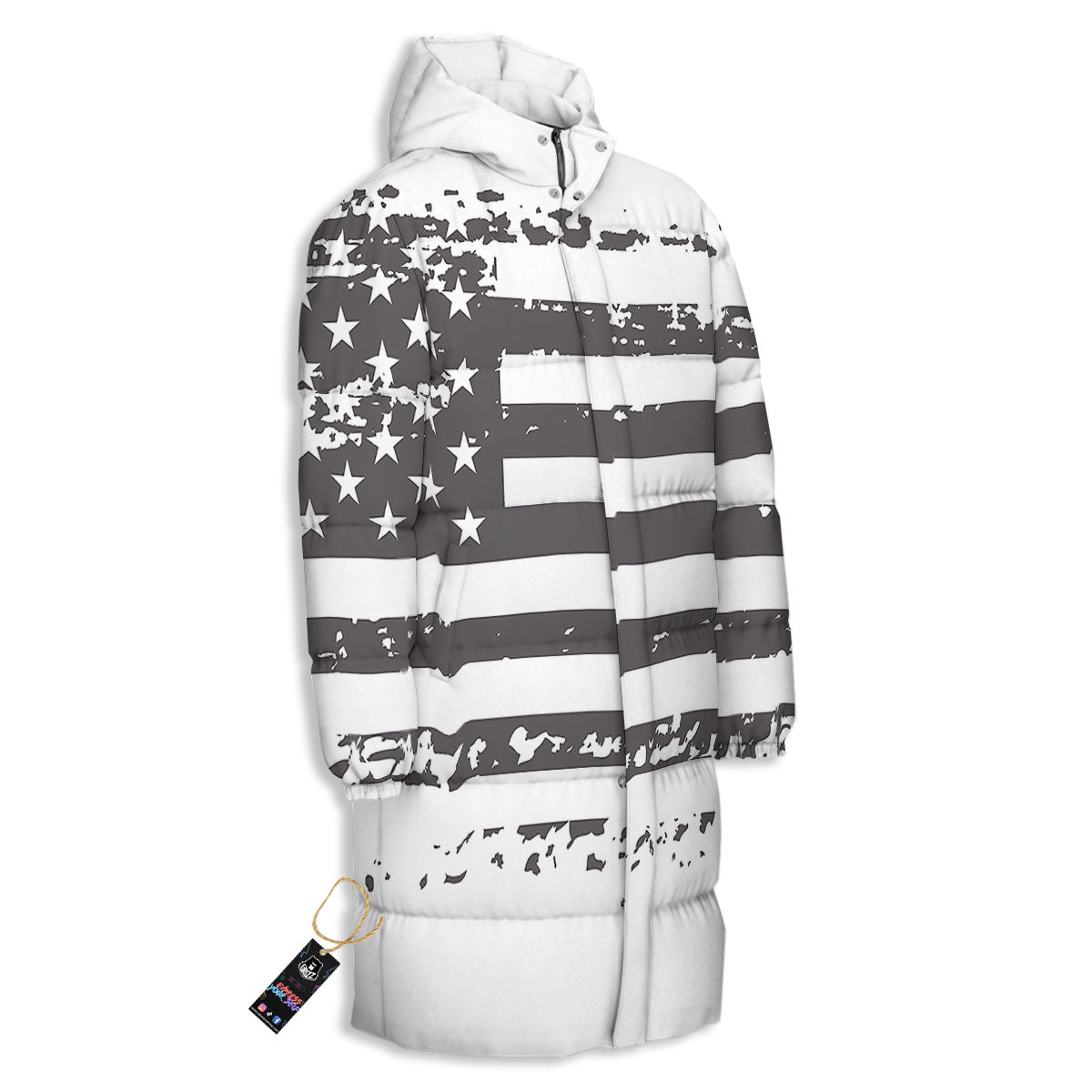 American Flag White And Black Print Long Down Jacket-grizzshop