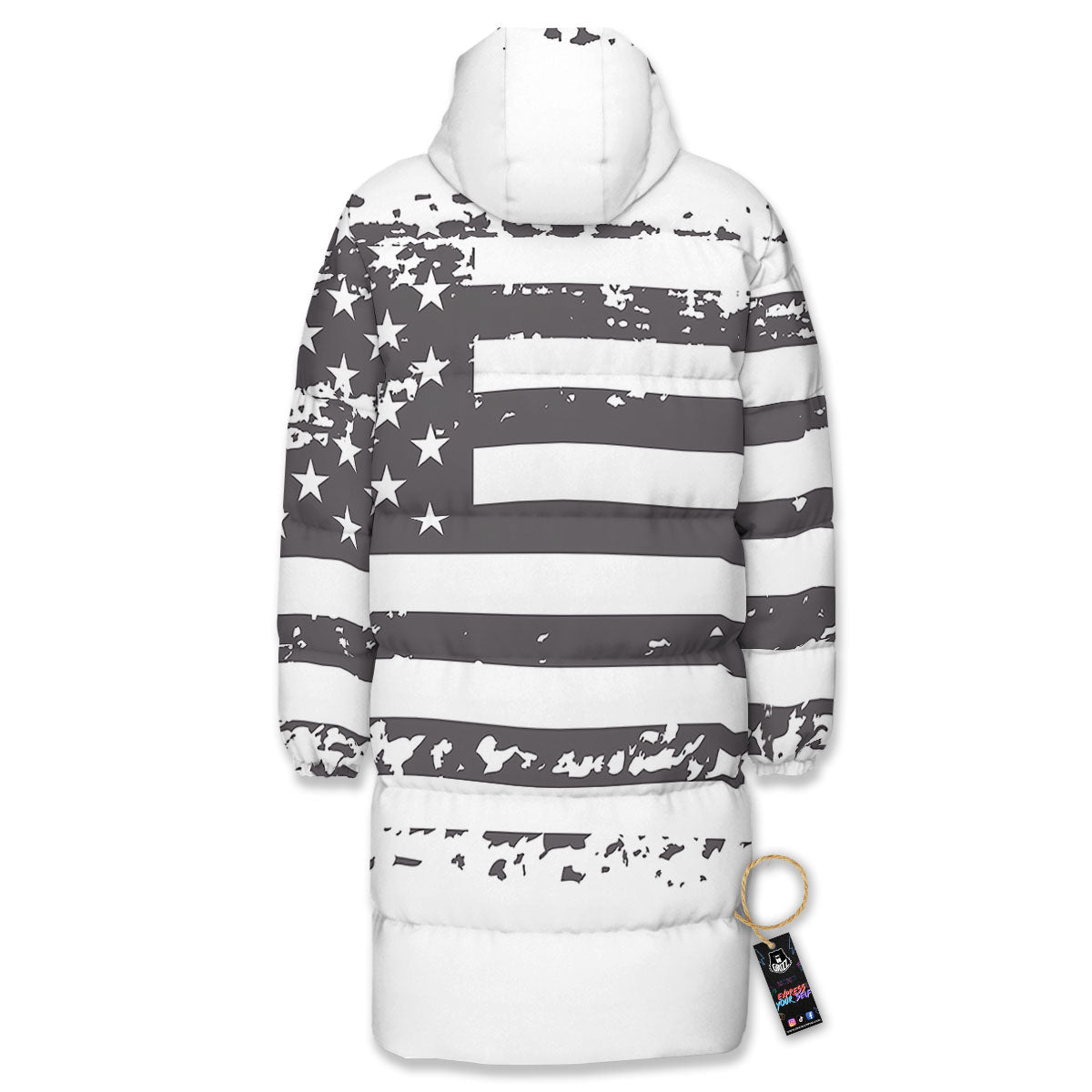 American Flag White And Black Print Long Down Jacket-grizzshop