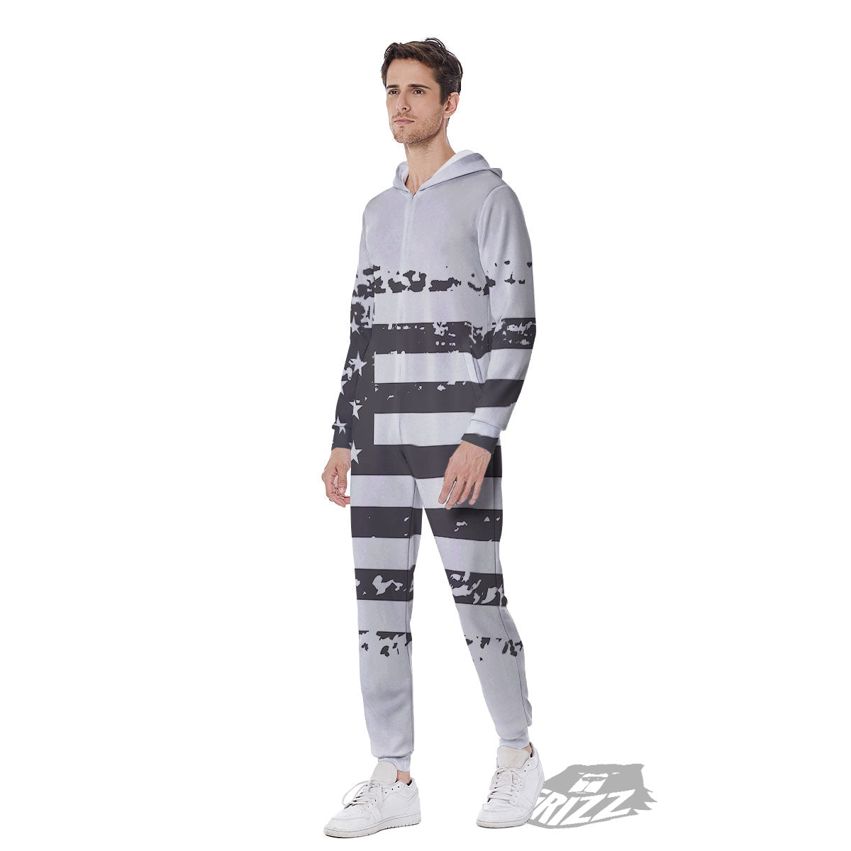 American Flag White And Black Print Men's Jumpsuit-grizzshop