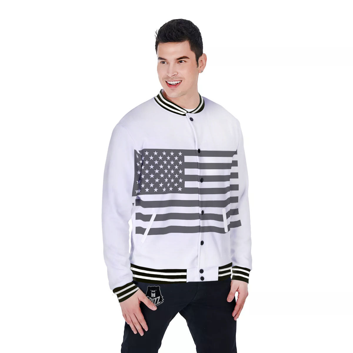 American Flag White And Grey Print Baseball Jacket-grizzshop