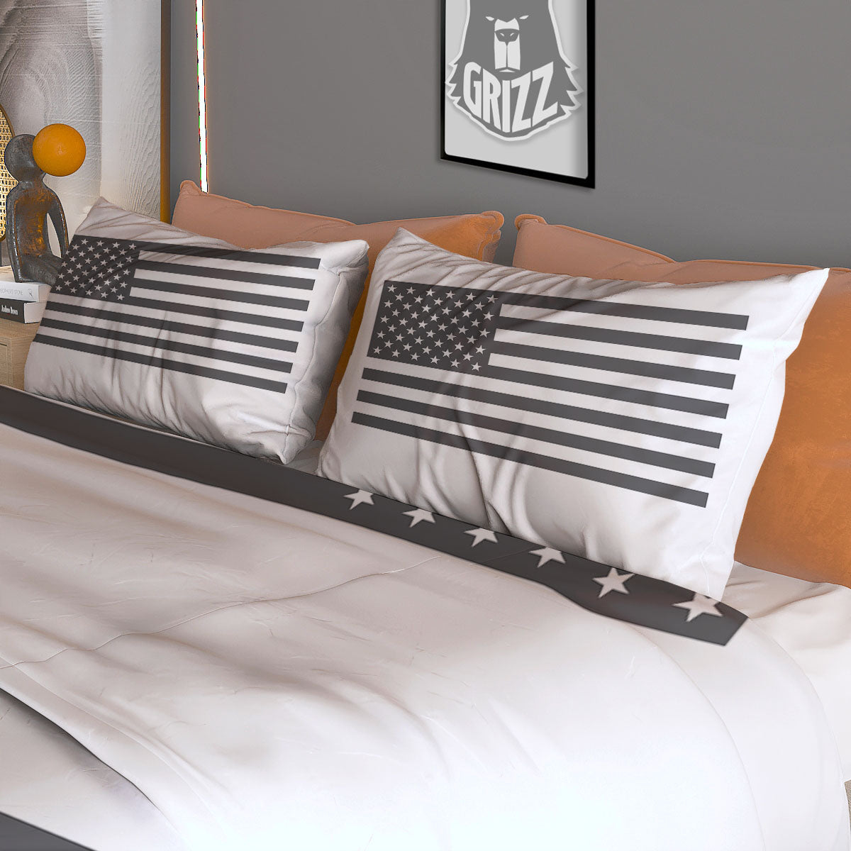 American Flag White And Grey Print Duvet Cover Bedding Set