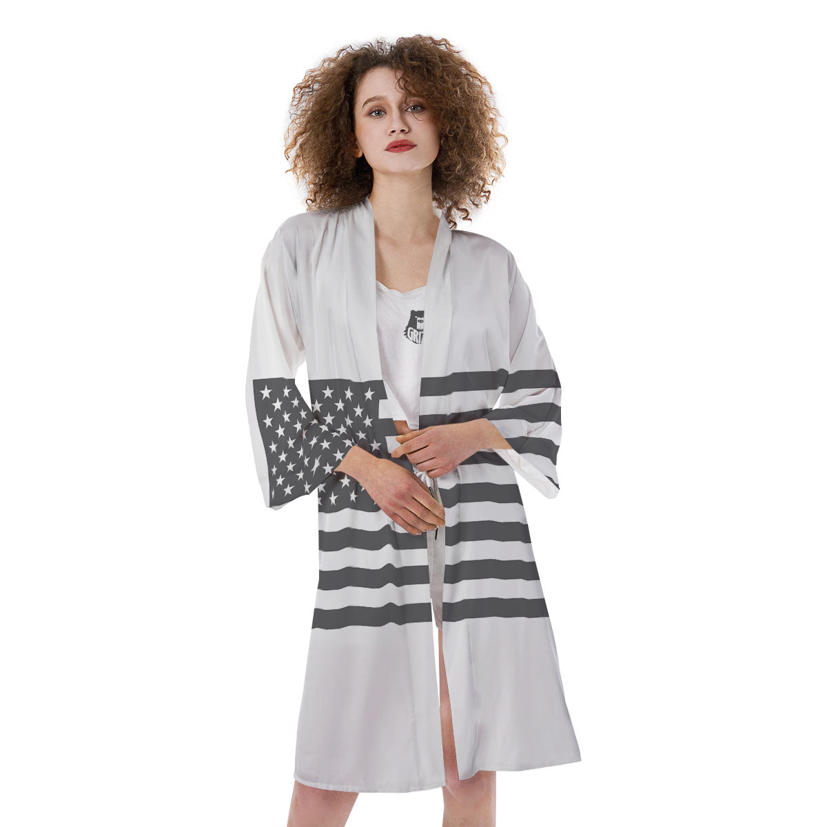 American Flag White And Grey Print Kimono-grizzshop