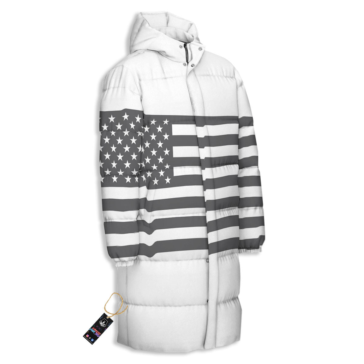 American Flag White And Grey Print Long Down Jacket-grizzshop