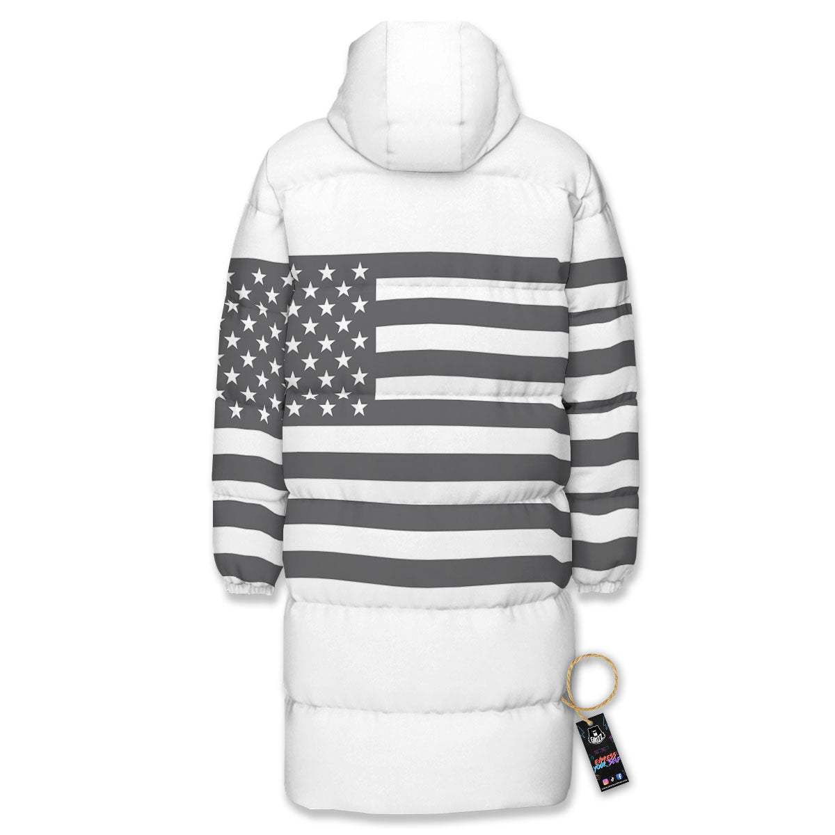 American Flag White And Grey Print Long Down Jacket-grizzshop