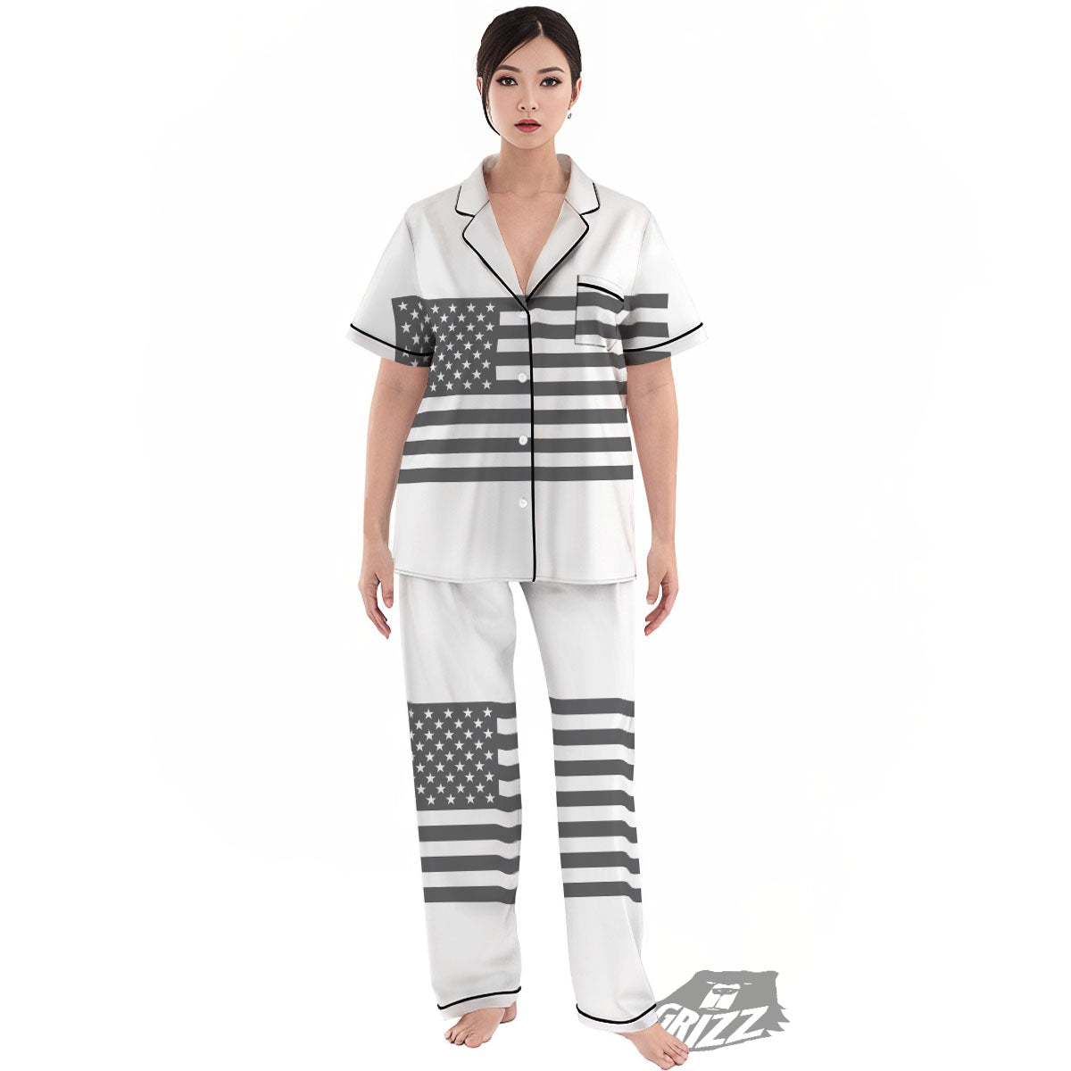 American Flag White And Grey Print Women's Pajamas Set-grizzshop
