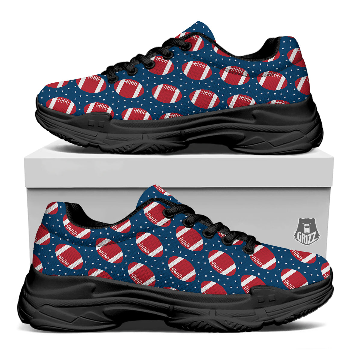 American Football Ball Print Pattern Black Chunky Shoes-grizzshop