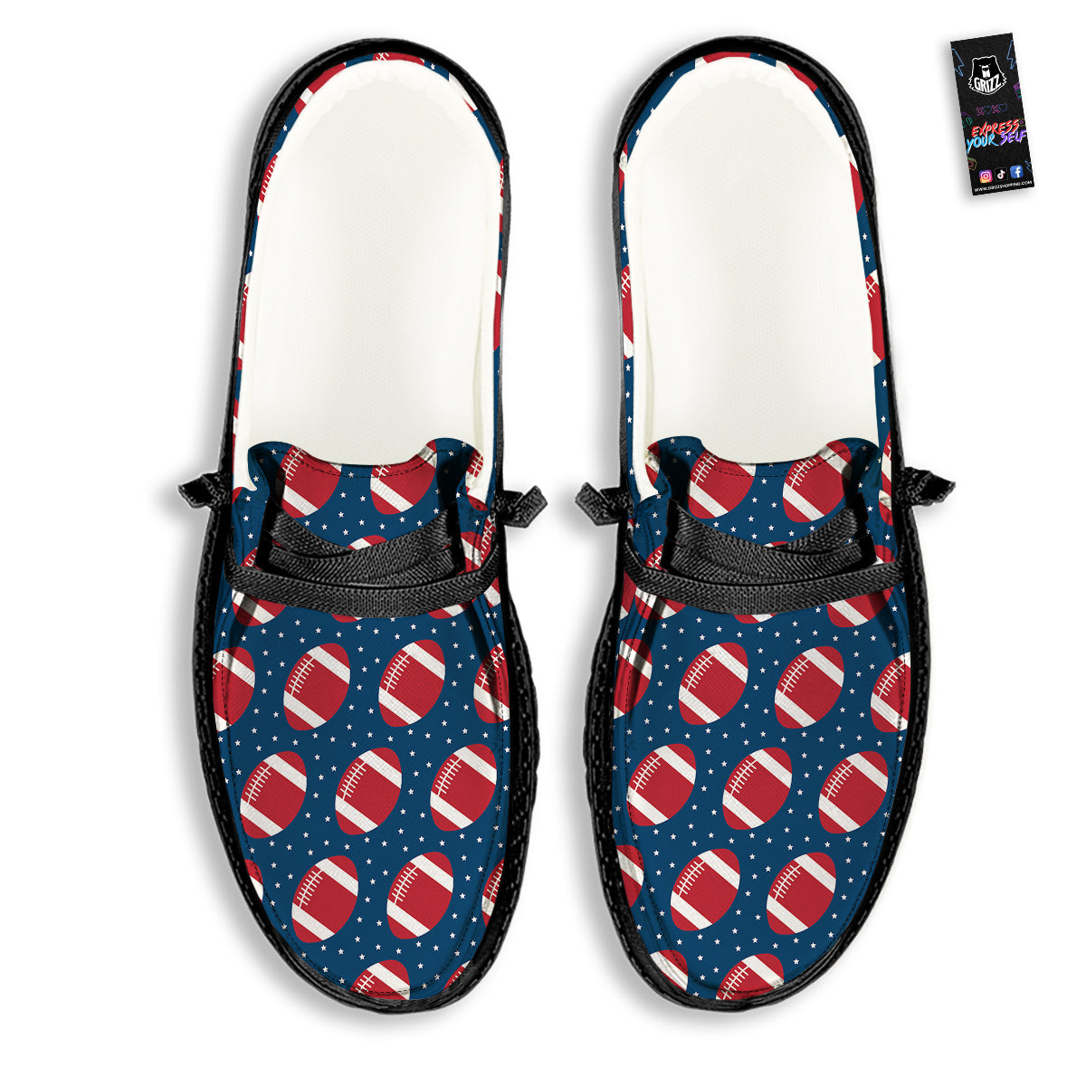 American Football Ball Print Pattern Black Loafers-grizzshop