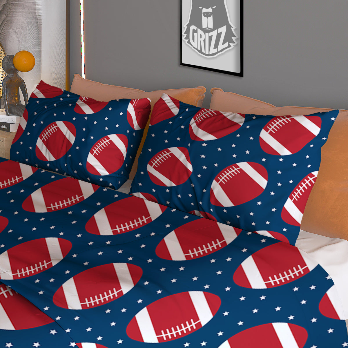 American Football Ball Print Pattern Duvet Cover Bedding Set