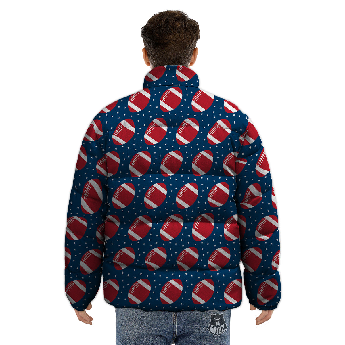 American Football Ball Print Pattern Puffer Jacket-grizzshop