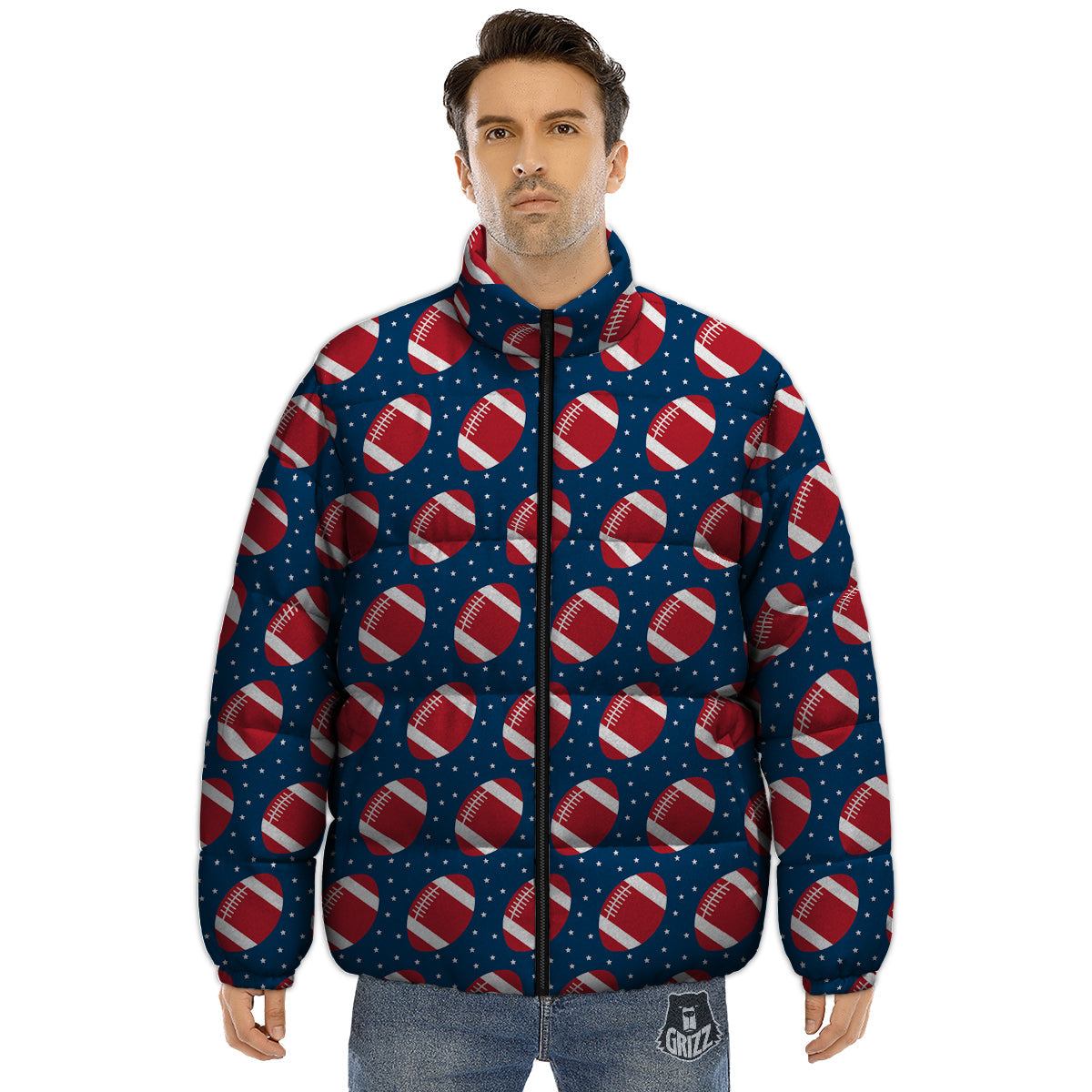 American Football Ball Print Pattern Puffer Jacket-grizzshop