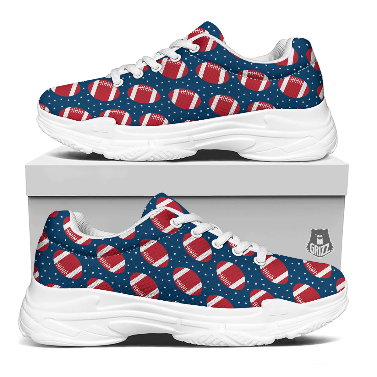 American Football Ball Print Pattern White Chunky Shoes-grizzshop