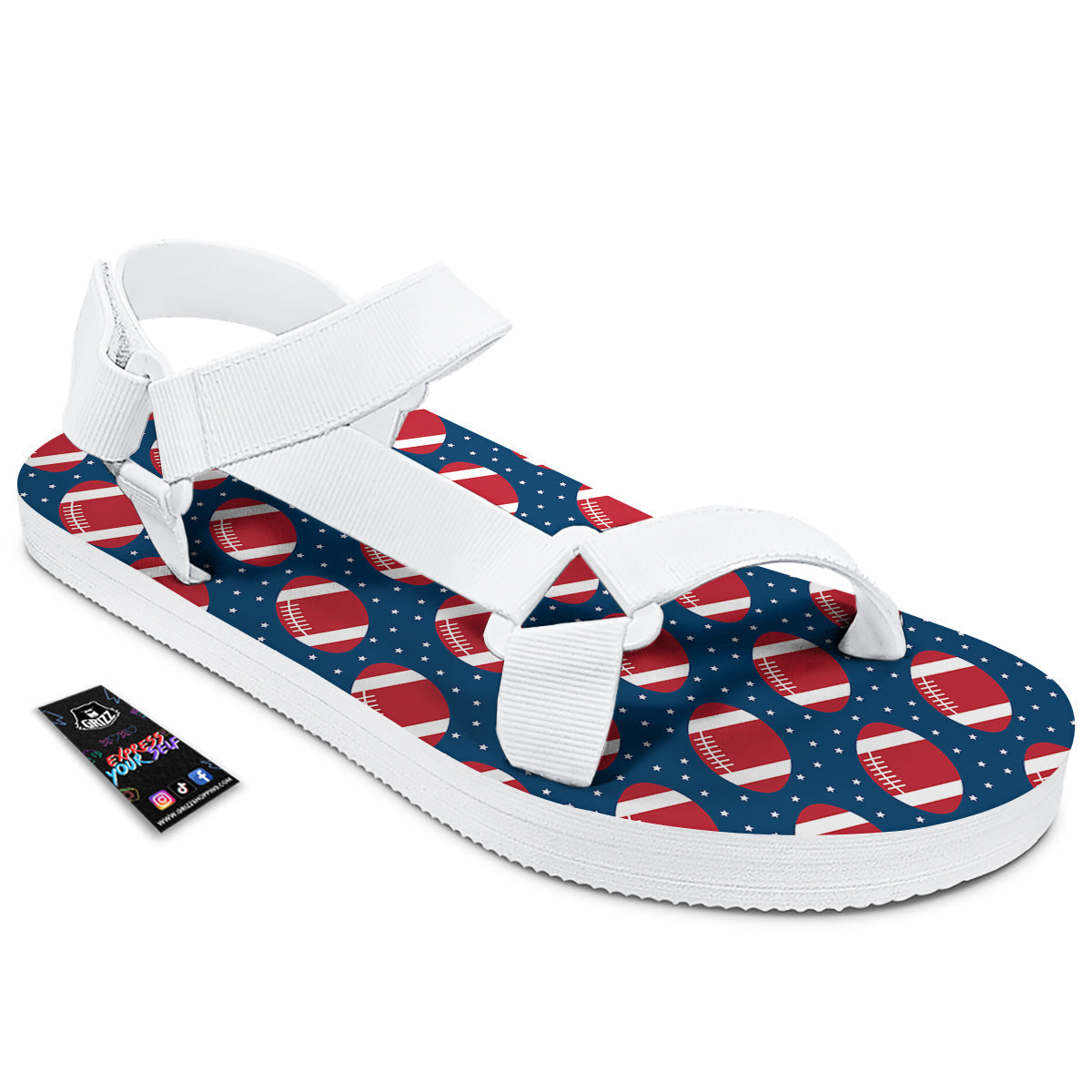 American Football Ball Print Pattern White Open Toe Sandals-grizzshop