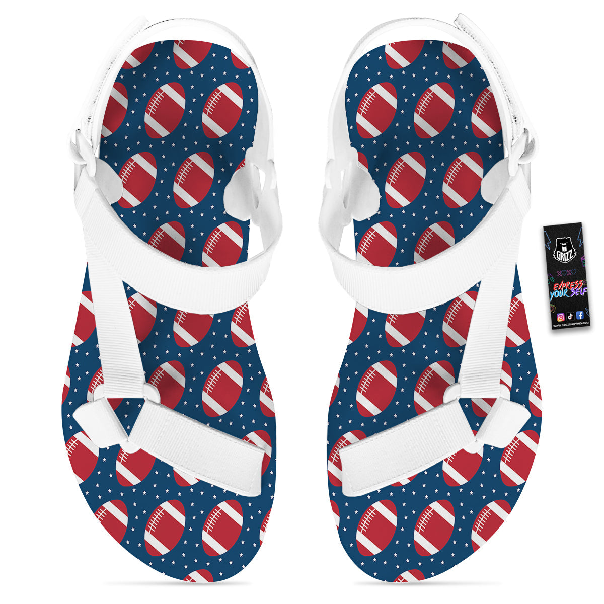 American Football Ball Print Pattern White Open Toe Sandals-grizzshop