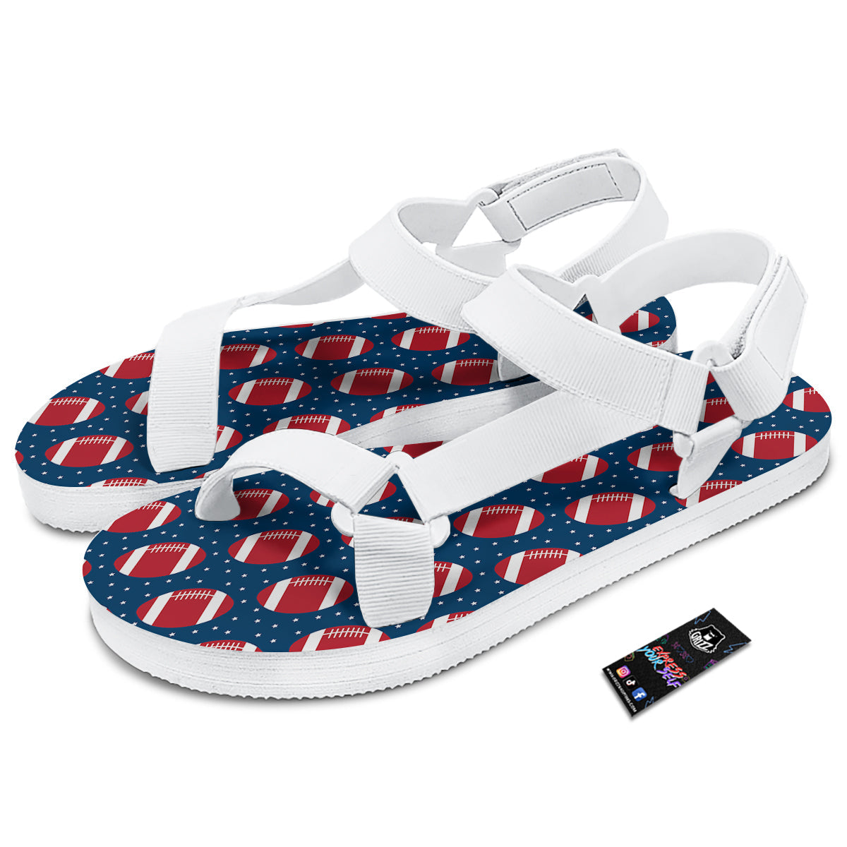 American Football Ball Print Pattern White Open Toe Sandals-grizzshop