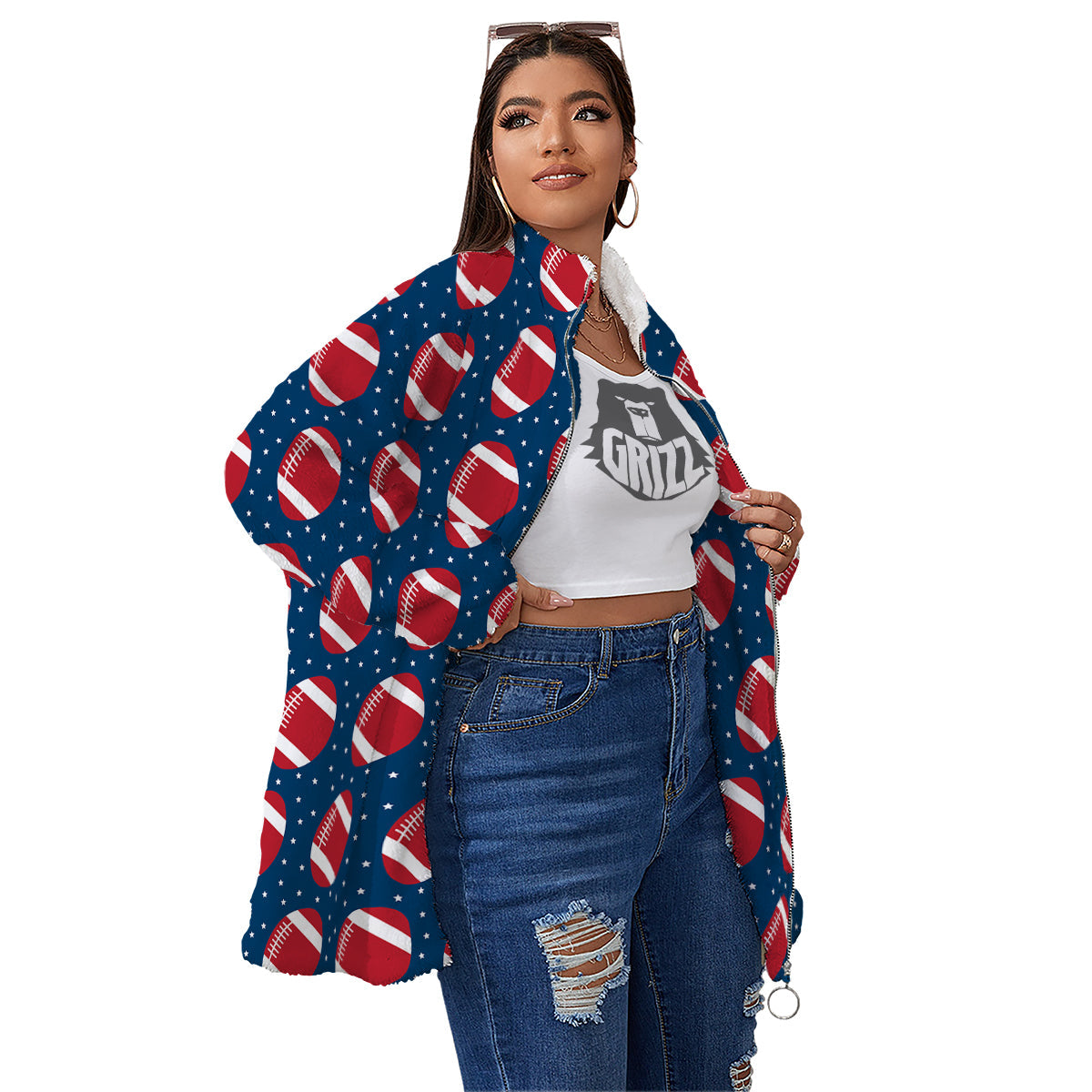 American Football Ball Print Pattern Women's Sherpa Jacket-grizzshop