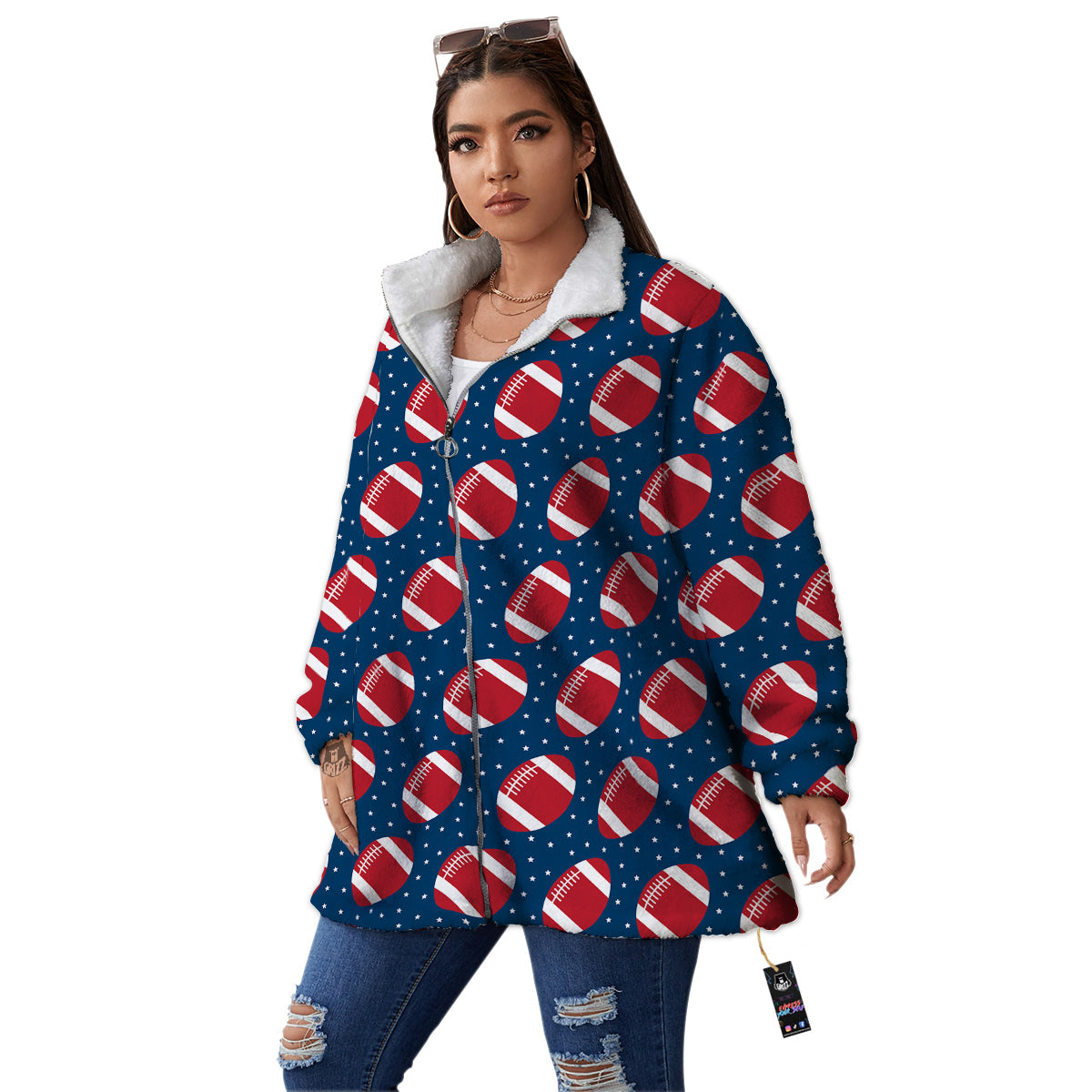 American Football Ball Print Pattern Women's Sherpa Jacket-grizzshop