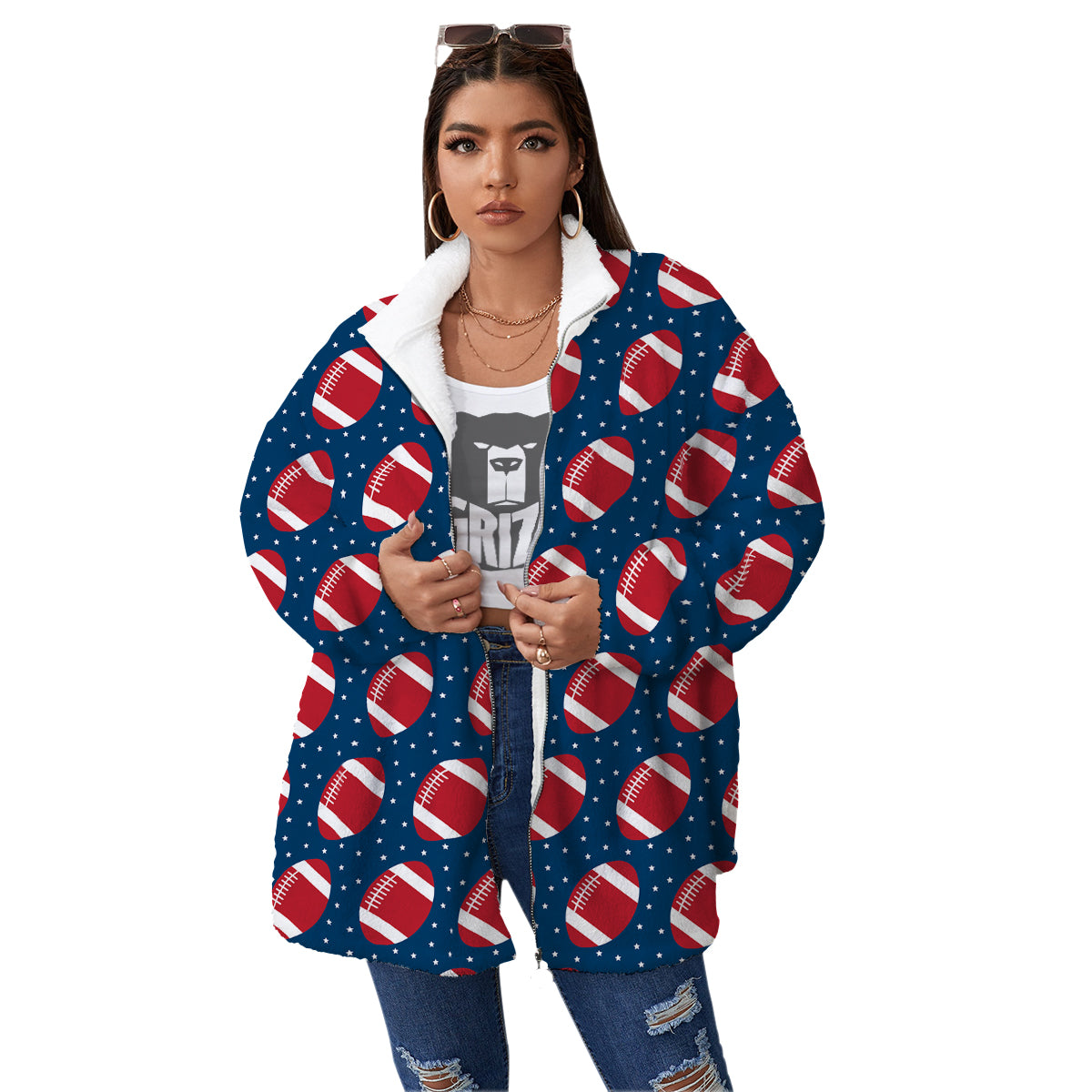 American Football Ball Print Pattern Women's Sherpa Jacket-grizzshop