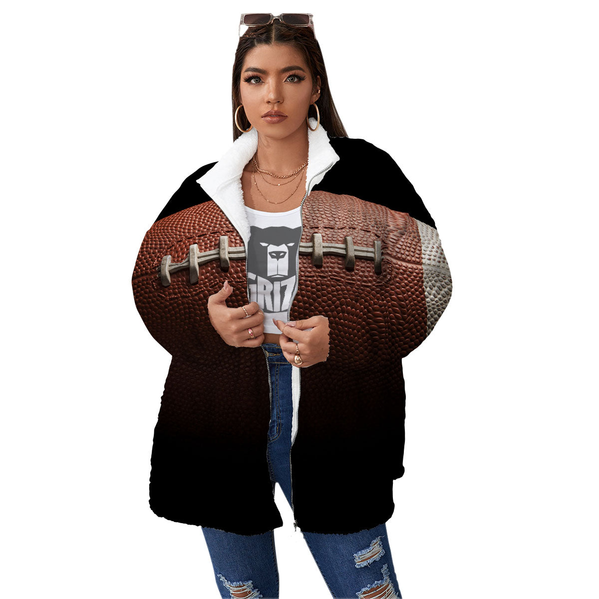 American Football Print Ball Women's Sherpa Jacket-grizzshop