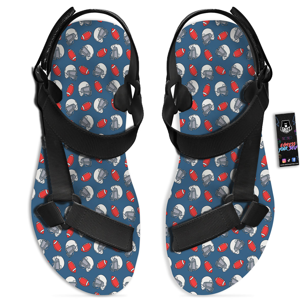 American Football Print Pattern Black Open Toe Sandals-grizzshop