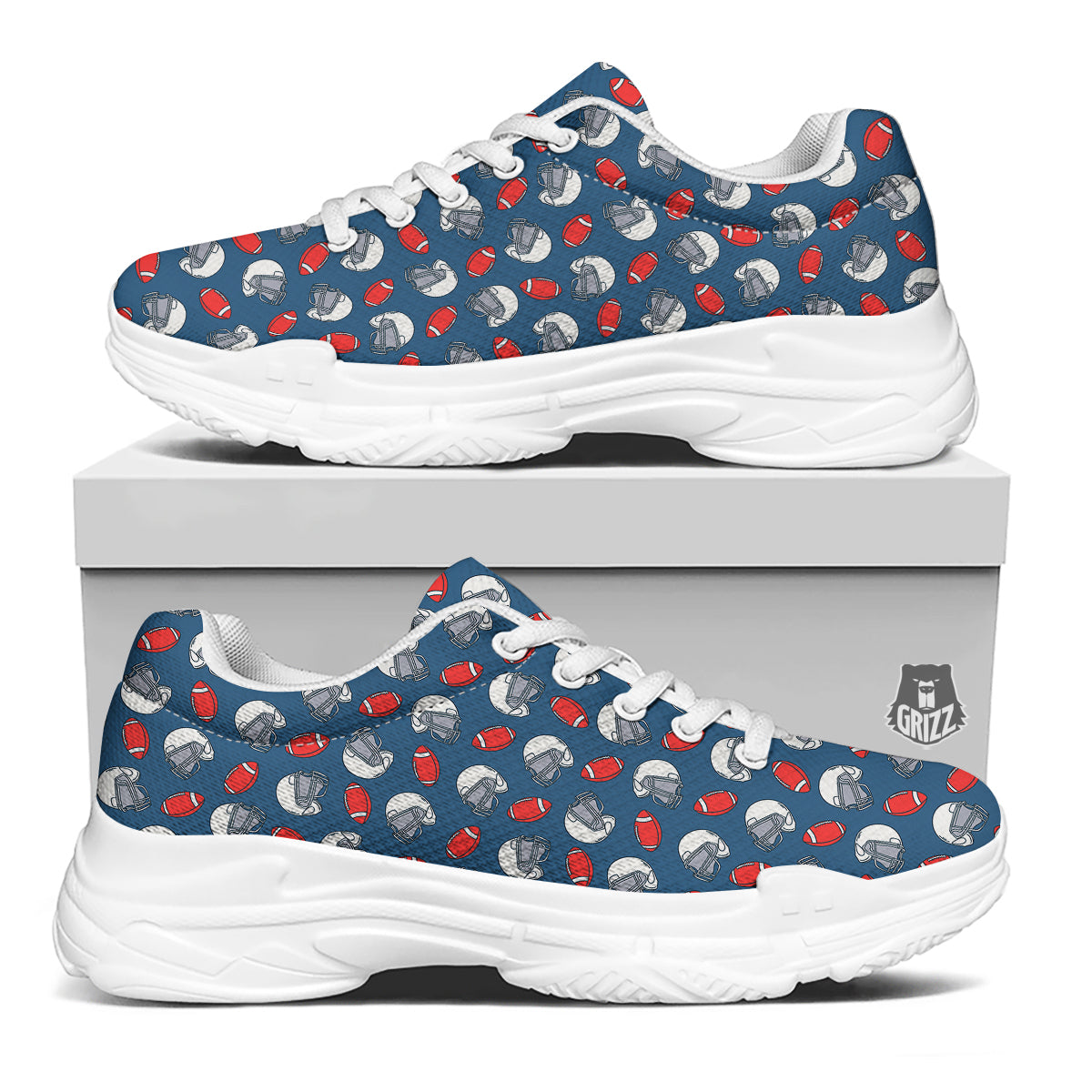 American Football Print Pattern White Chunky Shoes-grizzshop