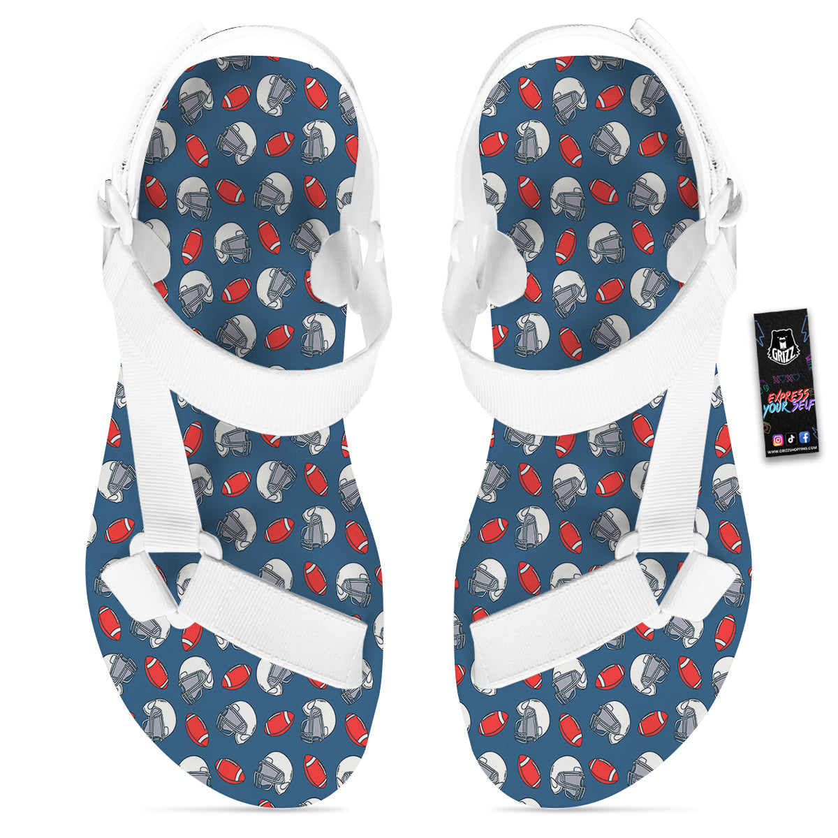 American Football Print Pattern White Open Toe Sandals-grizzshop